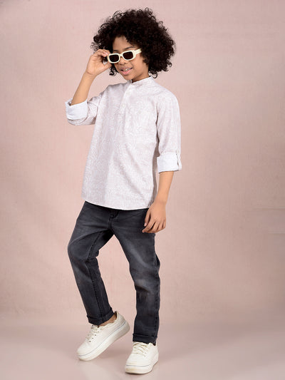 Beige Floral Print Kurta-Boys Kurtas-Crimsoune Club
