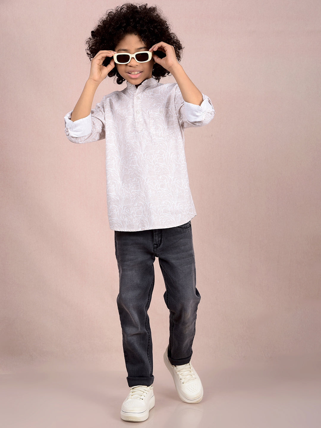 Beige Floral Print Kurta-Boys Kurtas-Crimsoune Club