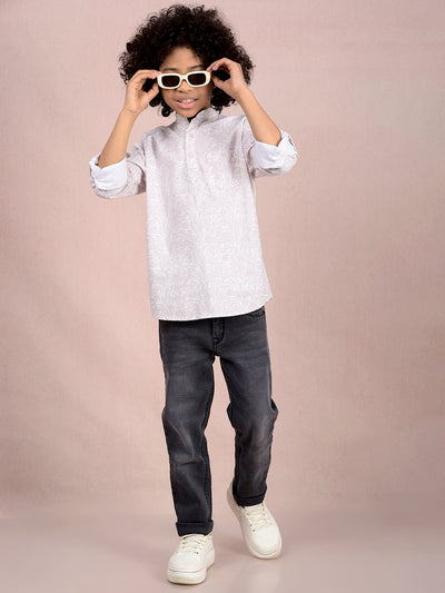 Beige Floral Print Kurta-Boys Kurtas-Crimsoune Club