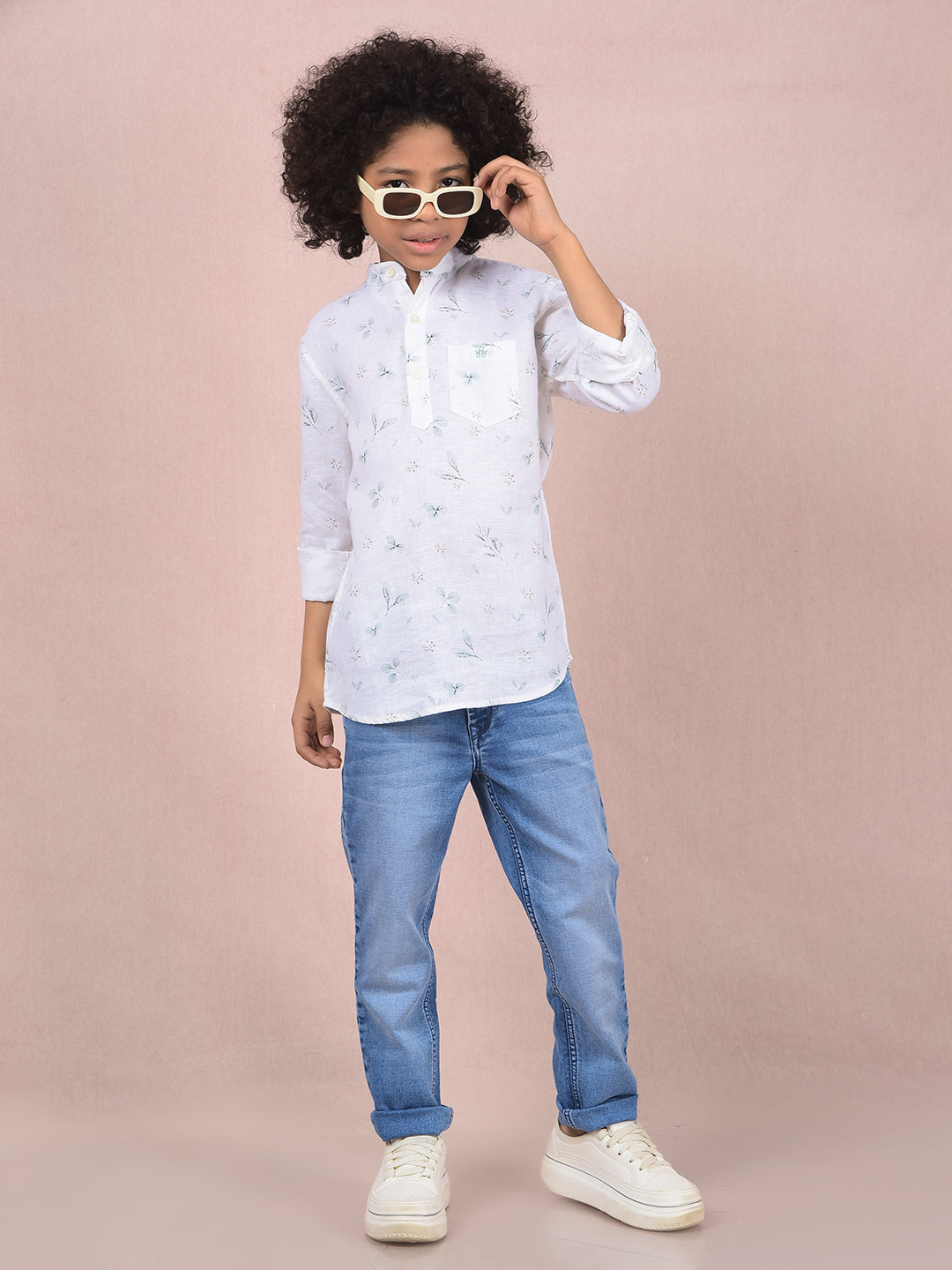 White Floral Print Linen Kurta-Boys Kurtas-Crimsoune Club