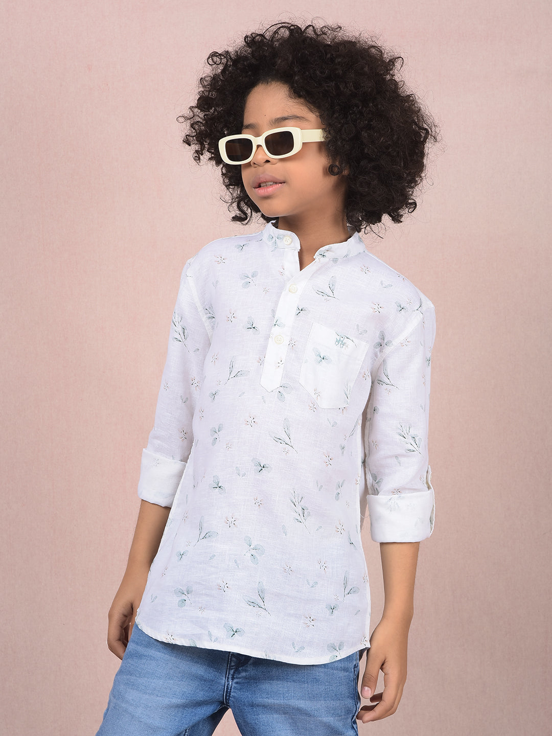 White Floral Print Linen Kurta-Boys Kurtas-Crimsoune Club