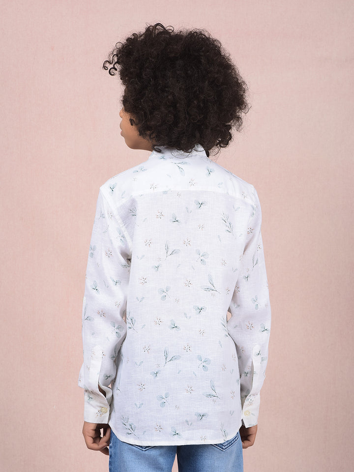 White Floral Print Linen Kurta-Boys Kurtas-Crimsoune Club