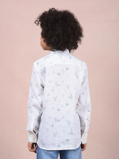 White Floral Print Linen Kurta-Boys Kurtas-Crimsoune Club