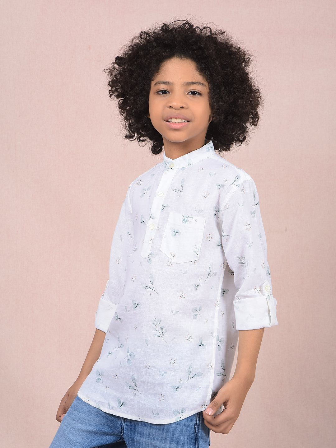 White Floral Print Linen Kurta-Boys Kurtas-Crimsoune Club
