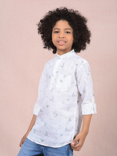 White Floral Print Linen Kurta-Boys Kurtas-Crimsoune Club