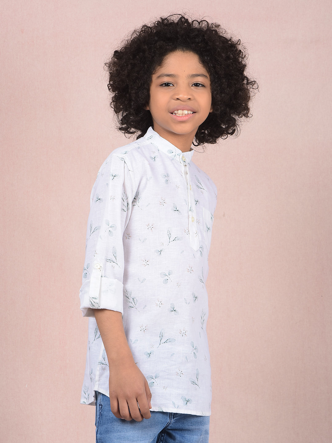 White Floral Print Linen Kurta-Boys Kurtas-Crimsoune Club