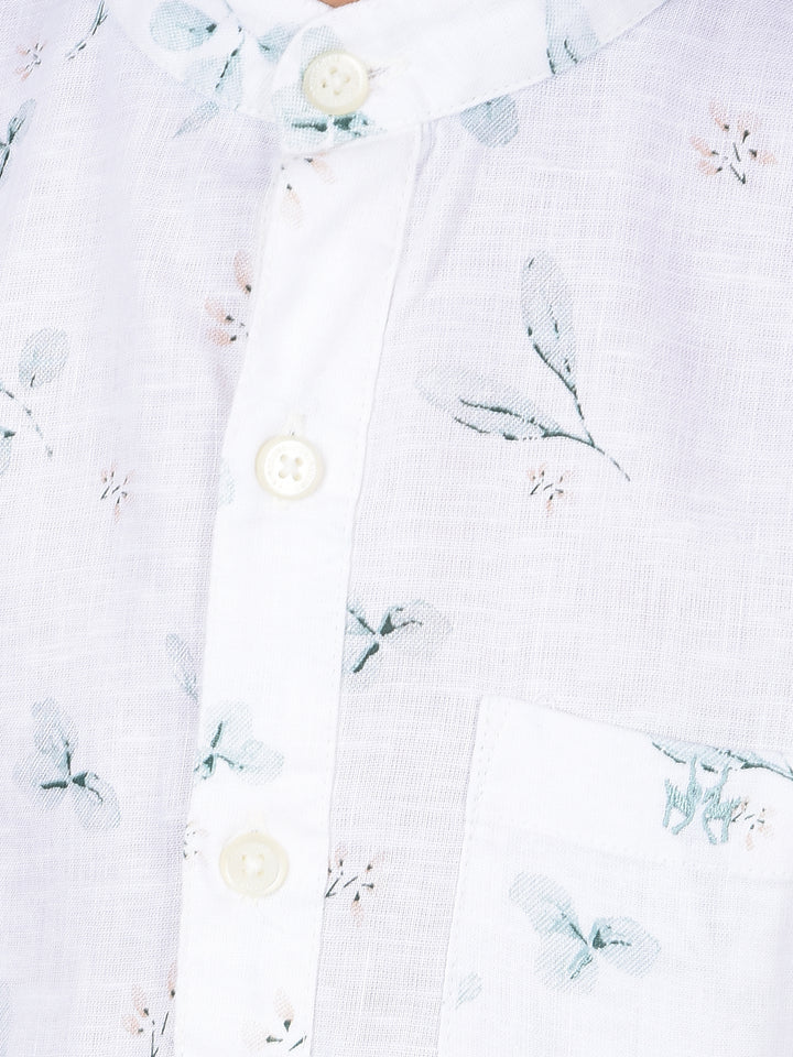 White Floral Print Linen Kurta-Boys Kurtas-Crimsoune Club