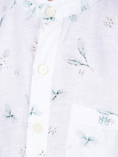 White Floral Print Linen Kurta-Boys Kurtas-Crimsoune Club