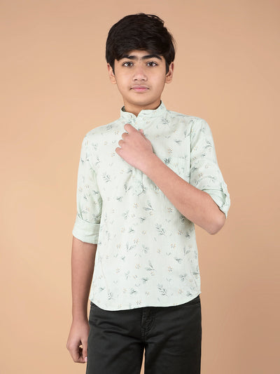 Green Floral Print Linen Kurta-Boys Kurtas-Crimsoune Club