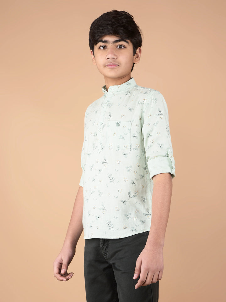 Green Floral Print Linen Kurta-Boys Kurtas-Crimsoune Club