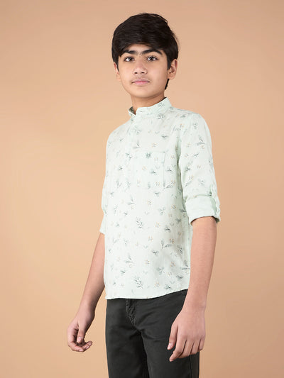 Green Floral Print Linen Kurta-Boys Kurtas-Crimsoune Club