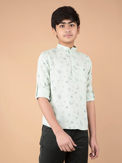 Green Floral Print Linen Kurta-Boys Kurtas-Crimsoune Club