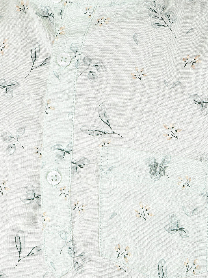 Green Floral Print Linen Kurta-Boys Kurtas-Crimsoune Club