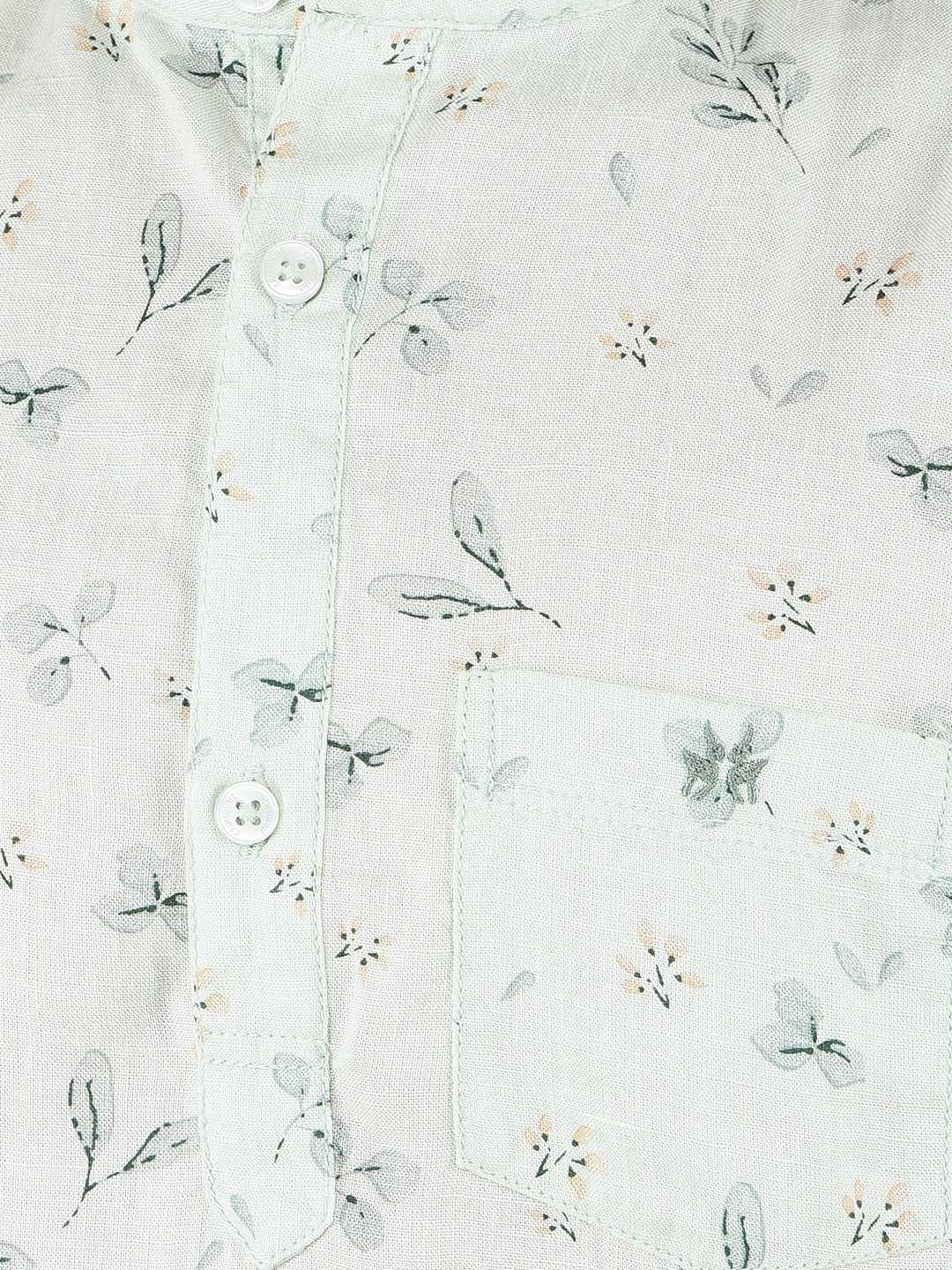 Green Floral Print Linen Kurta-Boys Kurtas-Crimsoune Club