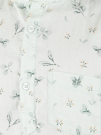 Green Floral Print Linen Kurta-Boys Kurtas-Crimsoune Club