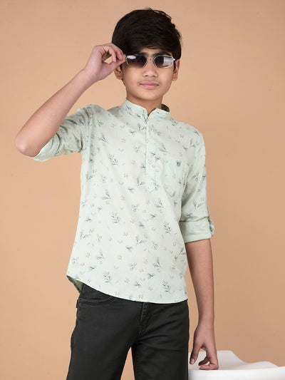Green Floral Print Linen Kurta-Boys Kurtas-Crimsoune Club