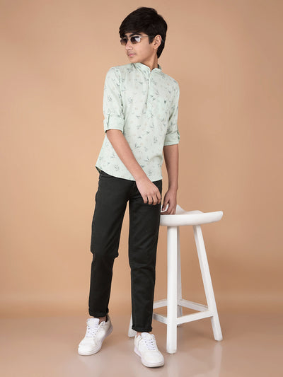 Green Floral Print Linen Kurta-Boys Kurtas-Crimsoune Club