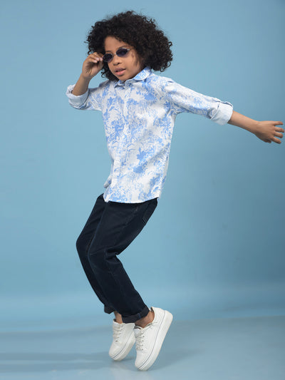 Blue Floral Print Shirt-Boys Shirts-Crimsoune Club