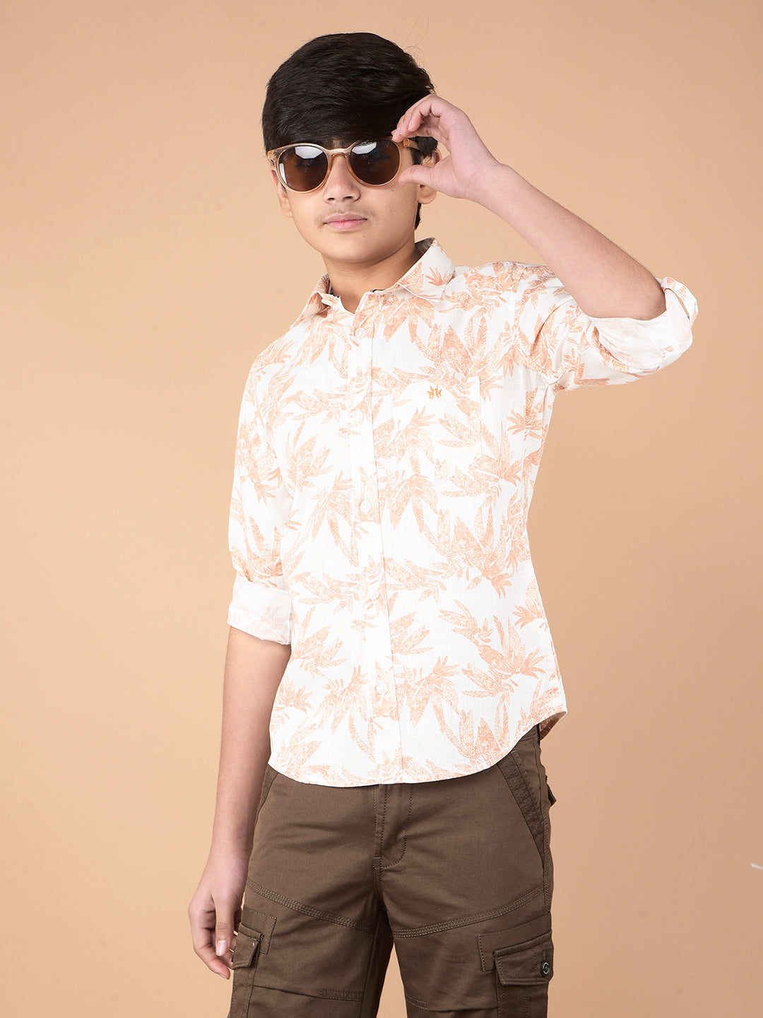 Peach Floral Print 100% Cotton Shirt-Boys Shirts-Crimsoune Club