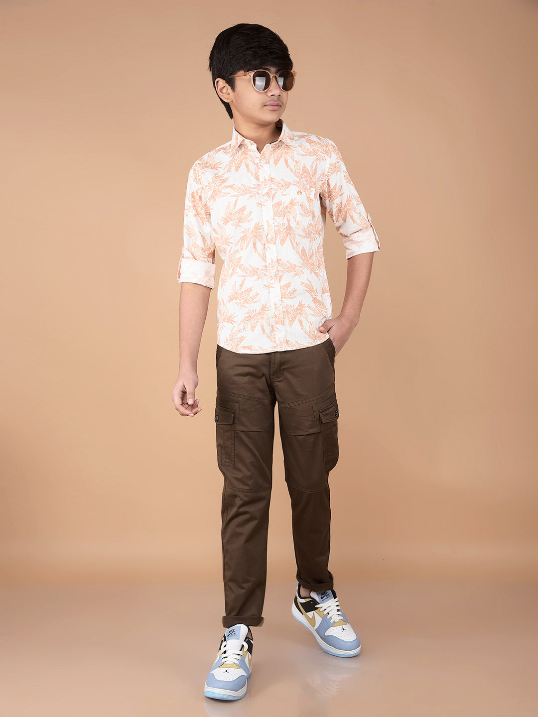 Peach Floral Print 100% Cotton Shirt-Boys Shirts-Crimsoune Club