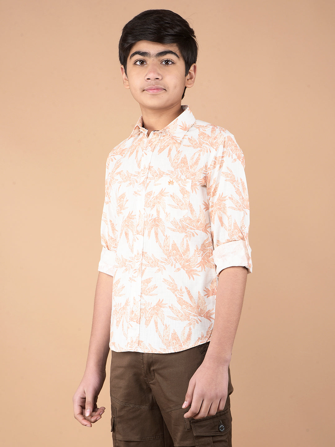 Peach Floral Print 100% Cotton Shirt-Boys Shirts-Crimsoune Club