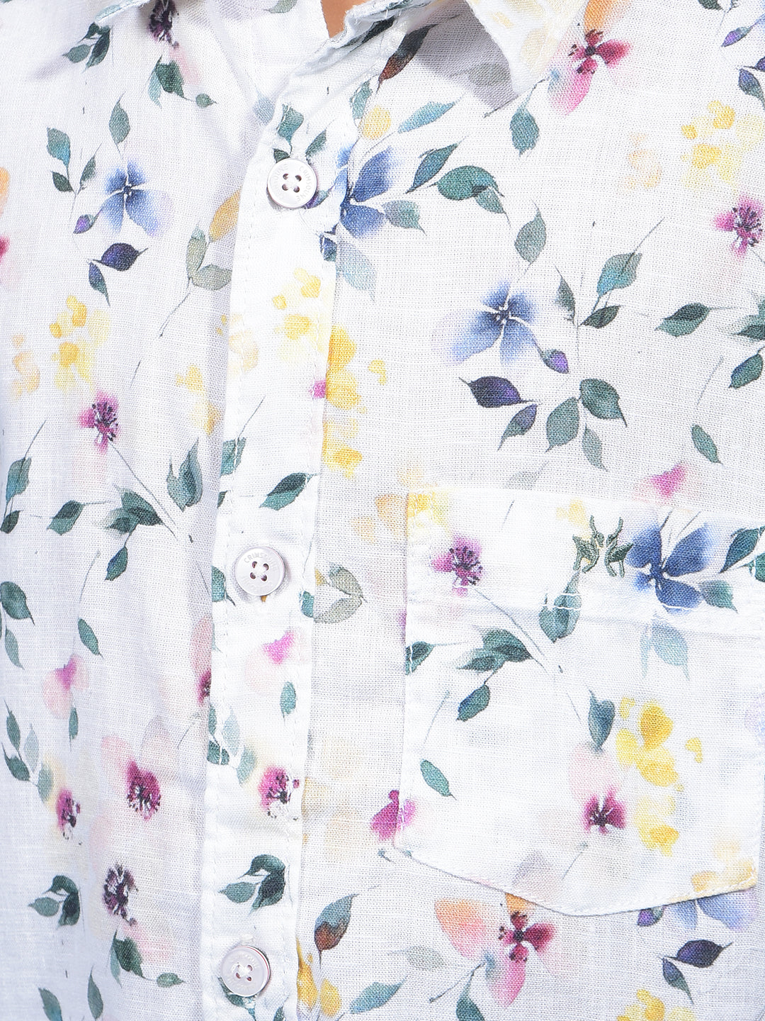 Shirt White Floral Print Linen Shirt-Boys Shirts-Crimsoune Club