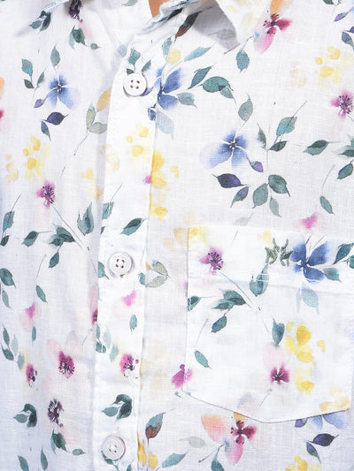 Shirt White Floral Print Linen Shirt-Boys Shirts-Crimsoune Club