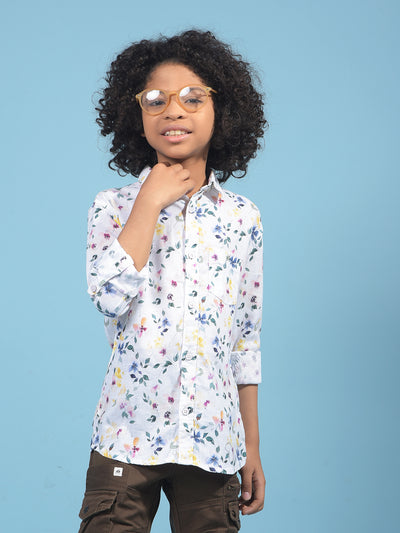 Shirt White Floral Print Linen Shirt-Boys Shirts-Crimsoune Club