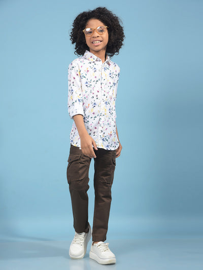 Shirt White Floral Print Linen Shirt-Boys Shirts-Crimsoune Club