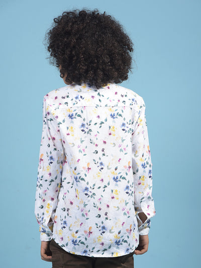 Shirt White Floral Print Linen Shirt-Boys Shirts-Crimsoune Club