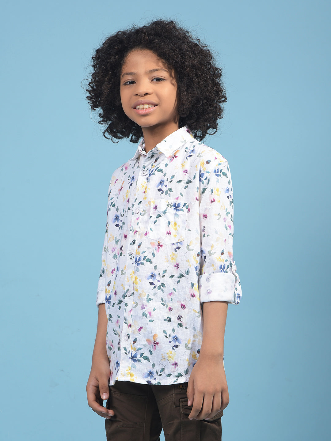 Shirt White Floral Print Linen Shirt-Boys Shirts-Crimsoune Club