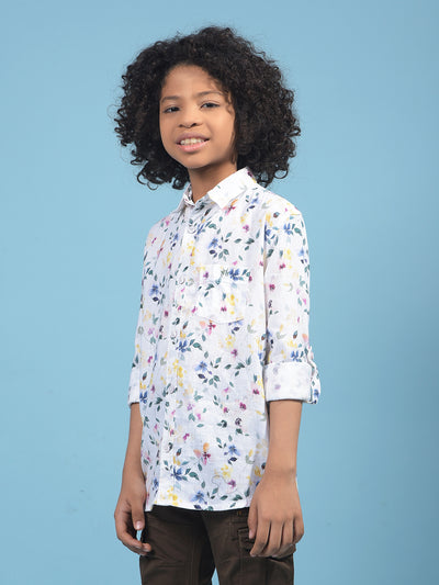 Shirt White Floral Print Linen Shirt-Boys Shirts-Crimsoune Club