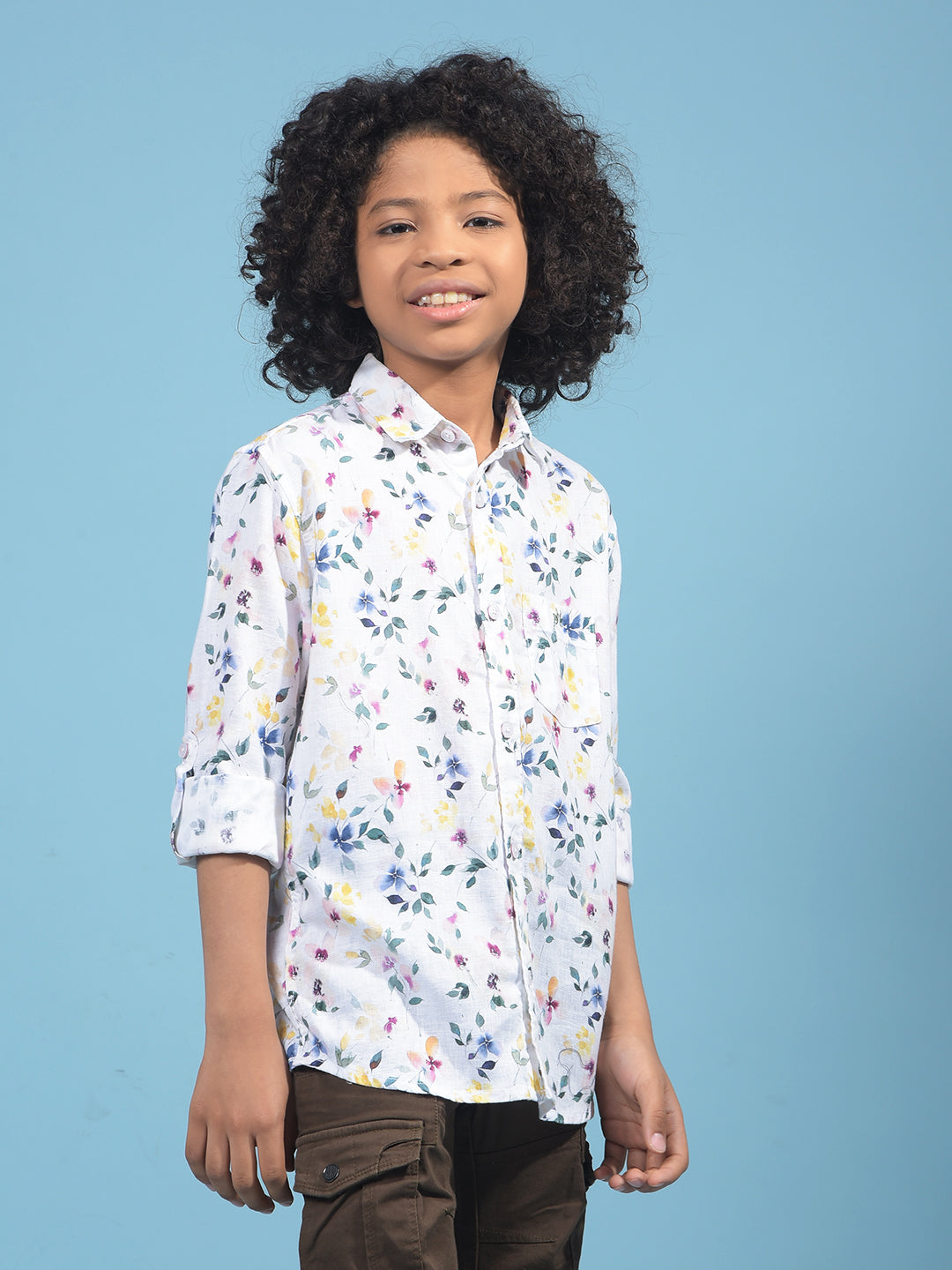 Shirt White Floral Print Linen Shirt-Boys Shirts-Crimsoune Club