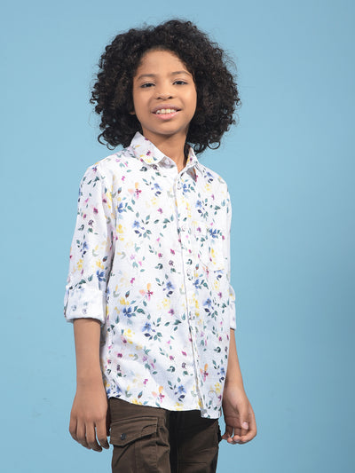 Shirt White Floral Print Linen Shirt-Boys Shirts-Crimsoune Club