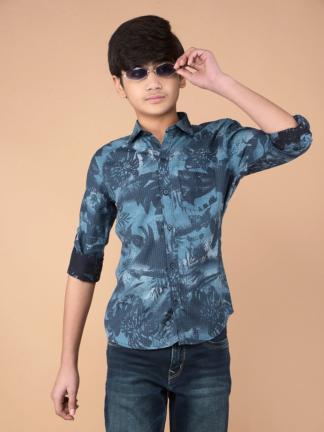 Blue Floral Print Shirt-Boys Shirts-Crimsoune Club