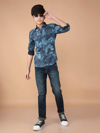 Blue Floral Print Shirt-Boys Shirts-Crimsoune Club