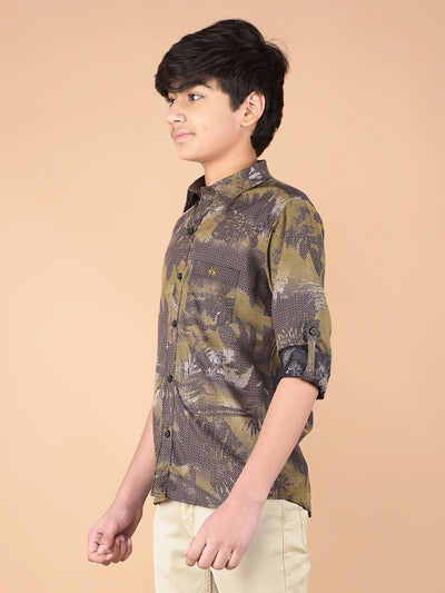 Olive Floral Print Shirt-Boys Shirts-Crimsoune Club