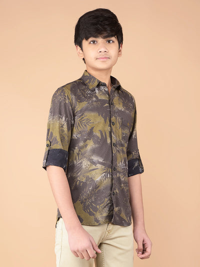 Olive Floral Print Shirt-Boys Shirts-Crimsoune Club