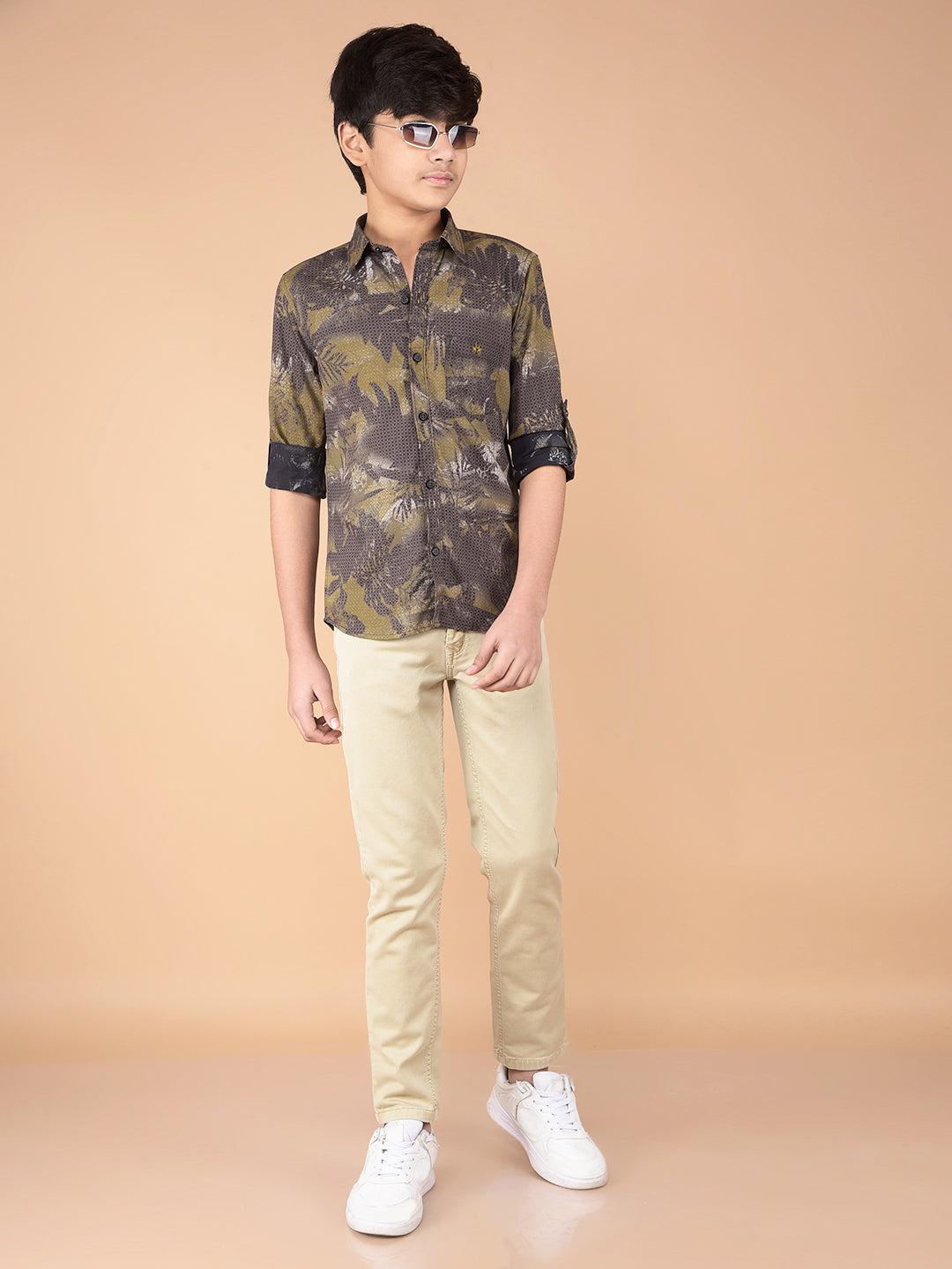 Olive Floral Print Shirt-Boys Shirts-Crimsoune Club