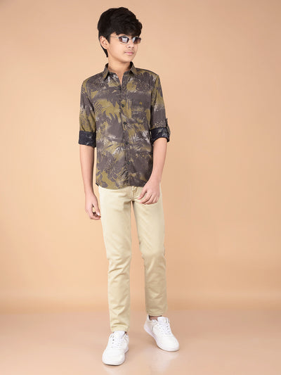 Olive Floral Print Shirt-Boys Shirts-Crimsoune Club