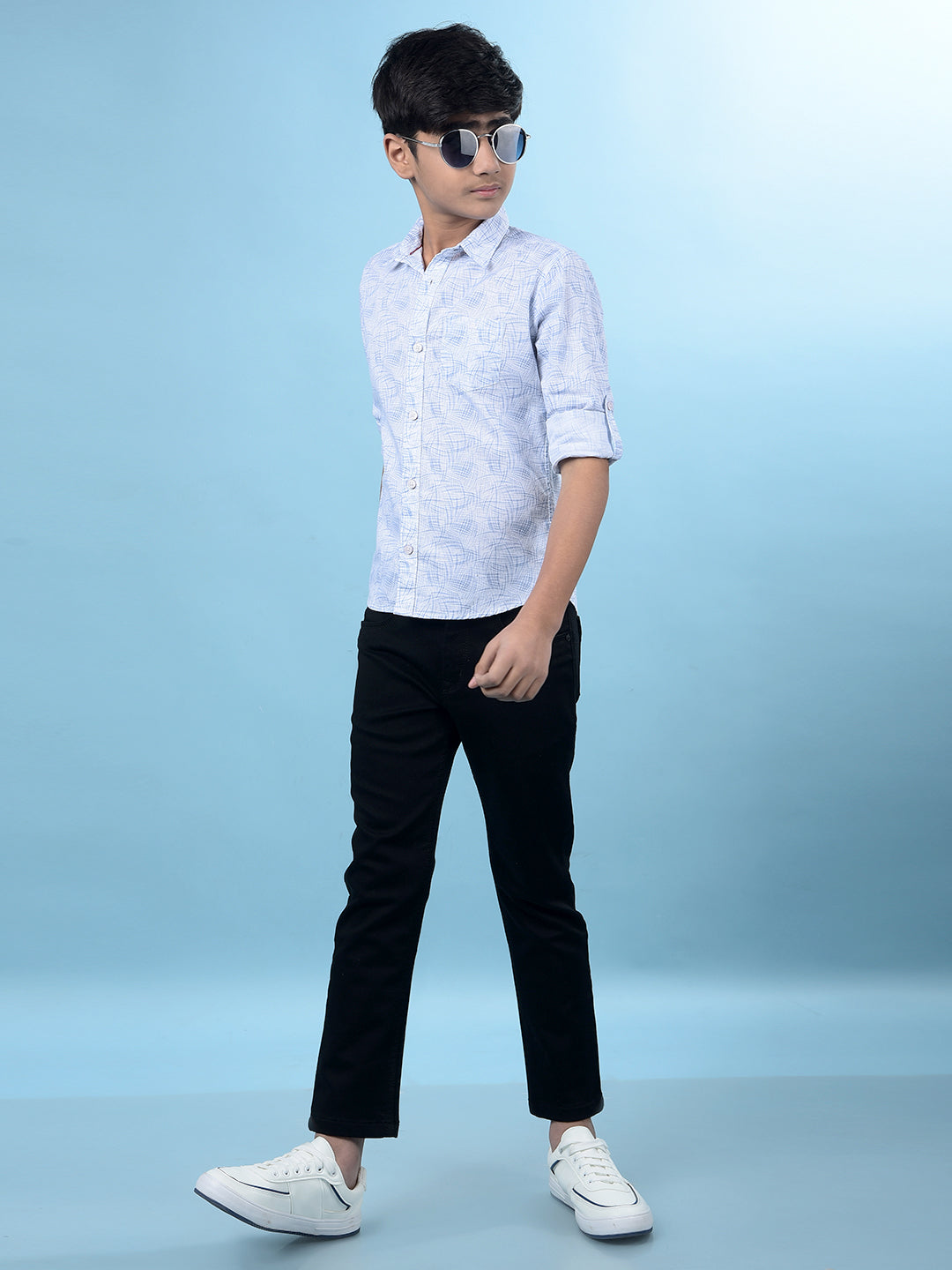 Blue Printed Button-Down Collar Shirt-Boys Shirts-Crimsoune Club