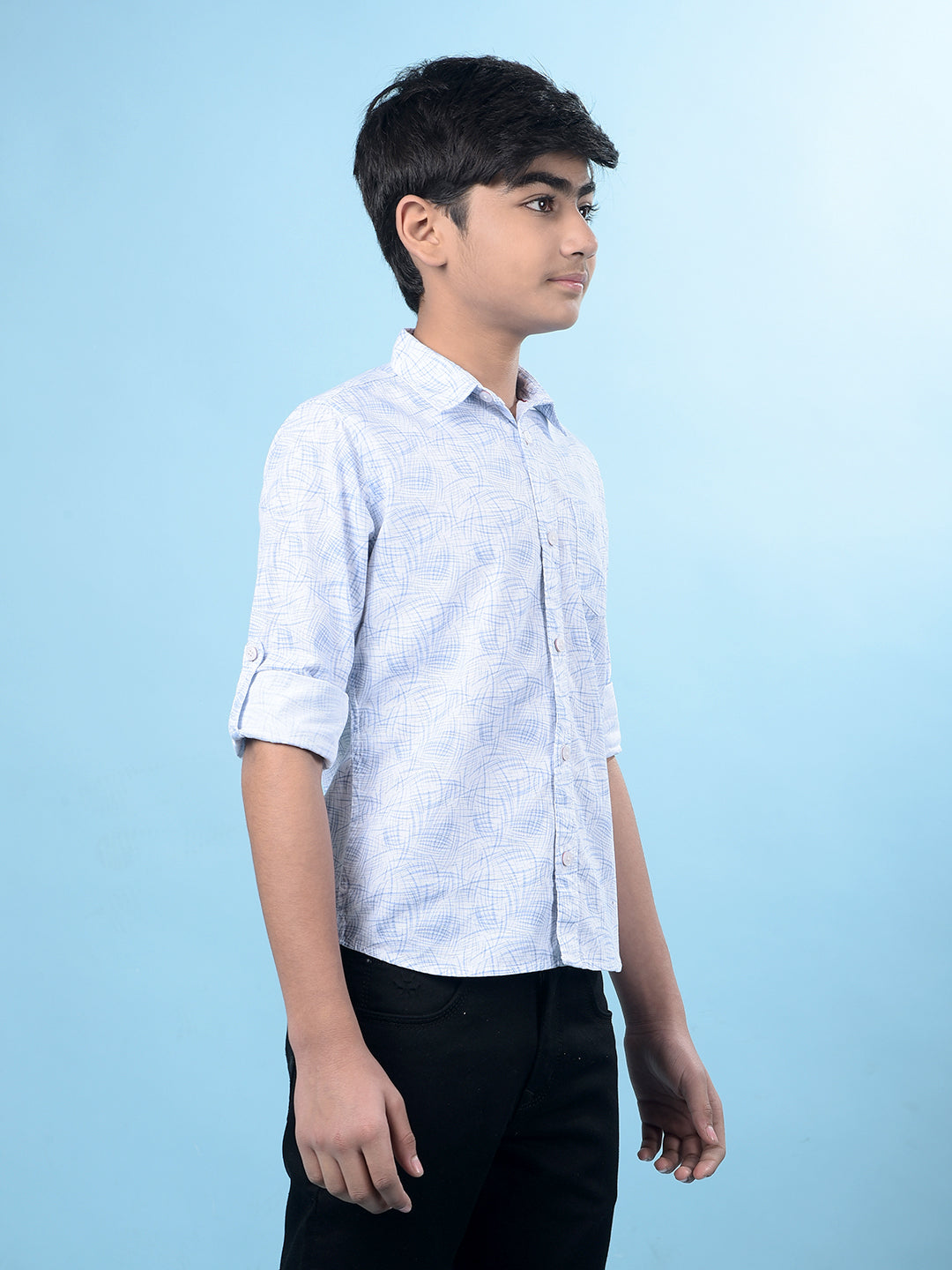 Blue Printed Button-Down Collar Shirt-Boys Shirts-Crimsoune Club