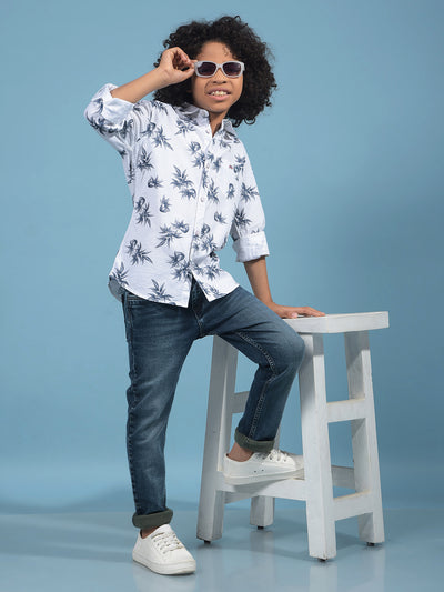 White Floral Print 100% Cotton Shirt-Boys Shirts-Crimsoune Club