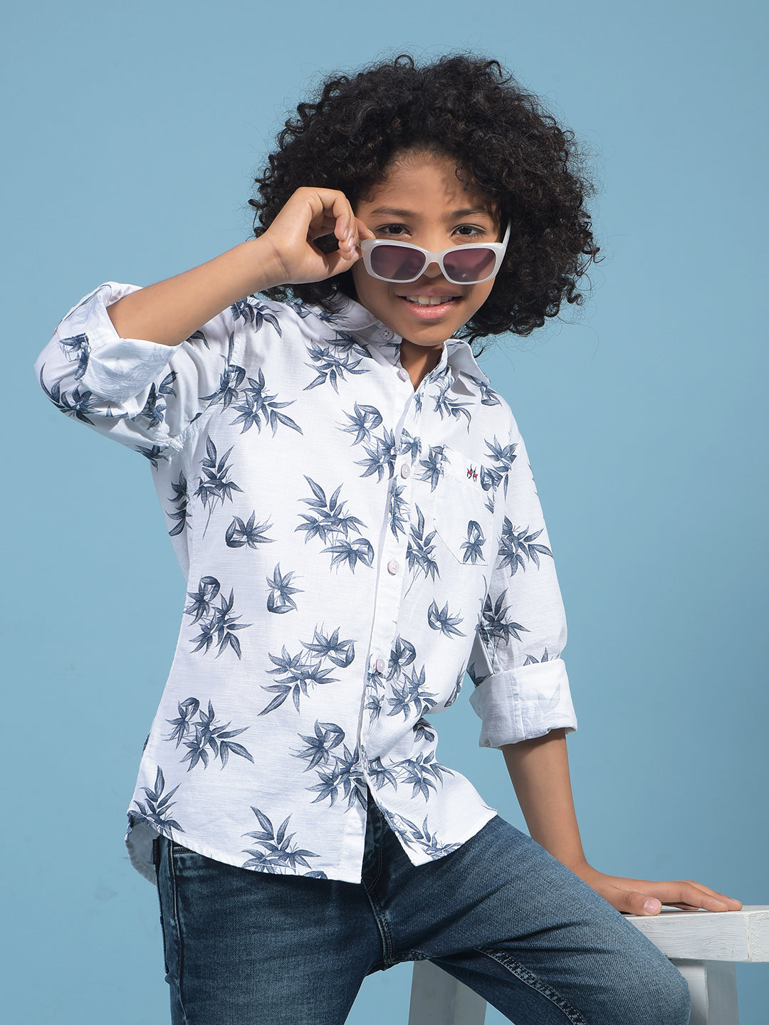 White Floral Print 100% Cotton Shirt-Boys Shirts-Crimsoune Club