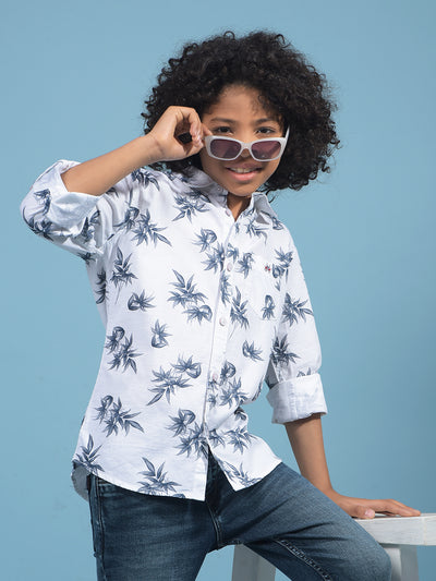 White Floral Print 100% Cotton Shirt-Boys Shirts-Crimsoune Club