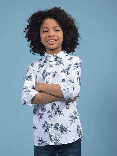 White Floral Print 100% Cotton Shirt-Boys Shirts-Crimsoune Club