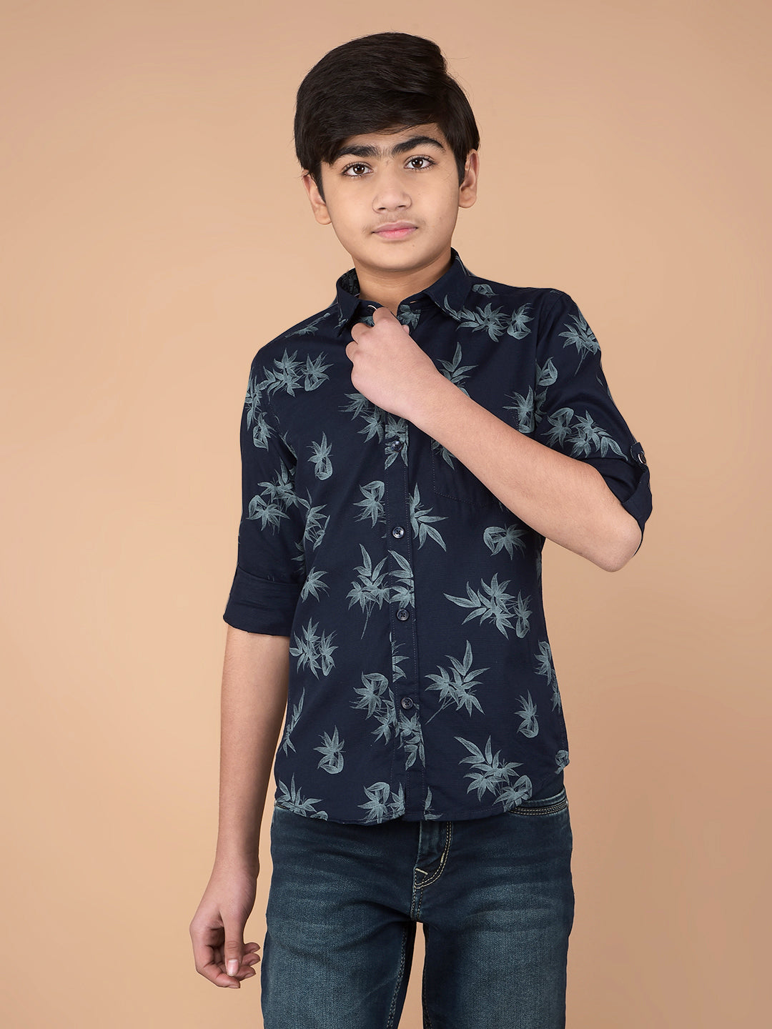 Navy Blue Floral Print 100% Cotton Shirt-Boys Shirts-Crimsoune Club