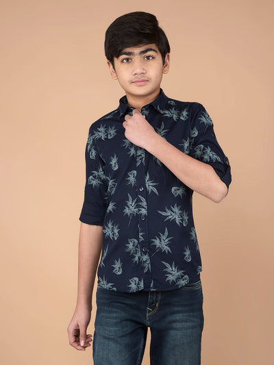 Navy Blue Floral Print 100% Cotton Shirt-Boys Shirts-Crimsoune Club
