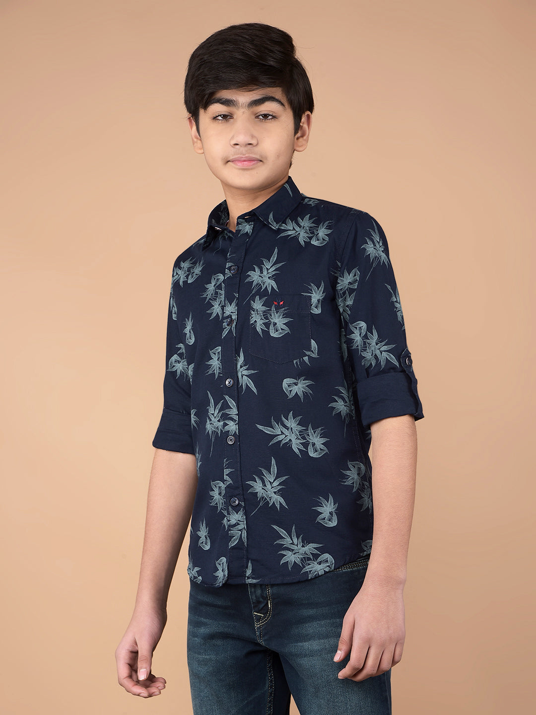 Navy Blue Floral Print 100% Cotton Shirt-Boys Shirts-Crimsoune Club