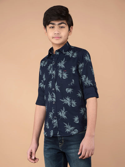 Navy Blue Floral Print 100% Cotton Shirt-Boys Shirts-Crimsoune Club